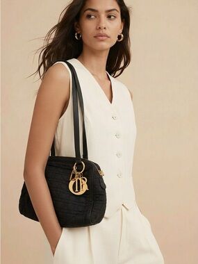 Dior Black Quilted Shoulder Bag with Gold Charm